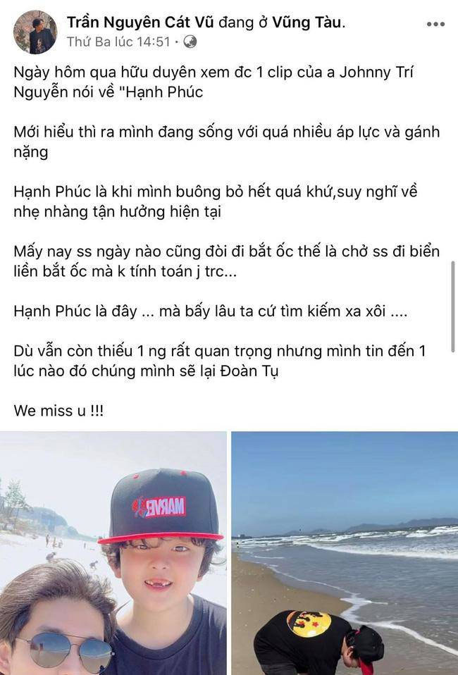 Trên trang cá nhân, Tim chia sẻ hình ảnh chụp cùng con trai trong chuyến du lịch ở Vũng Tàu kèm dòng trạng thái nhắc đến một người quan trọng, tin rằng một ngày nào đó cả nhà sẽ đoàn tụ. Mặc dù không ghi tên vợ cũ nhưng ai cũng hiểu người anh muốn nhắc đến là Trương Quỳnh Anh.