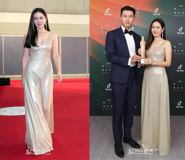 Fan còn phát hiện không biết vô tình hay cố ý mà cả Son Ye Jin và Hyun Bin đều chọn cho mình bộ cánh của Ralph Lauren để mặc trong lễ trao giải Baeksang Arts Awards 2020.