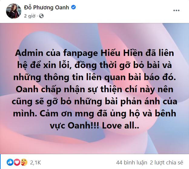 Trước phản ứng mạnh mẽ của nữ diễn viên, Admin fanpage Hiếu Hiền đã liên hệ để xin lỗi, đồng thời gỡ bỏ bài chia sẻ. Phương Oanh cho biết cô chấp nhận sự thiện chí này. Ảnh: Chụp màn hình.