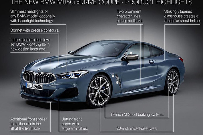 Mẫu 8 Series Coupe 2019 cũng góp mặt trong gian hàng BMW tại triển lãm Paris Motor Show 2018. Mẫu 8 Series mới là sự kết hợp giữa thế mạnh của xe thể thao hiệu suất cao với chất tinh hoa trong chế tạo xe sang của BMW và cũng rất tiện nghi thoải mái cho những hành trình đường dài. Là dòng coupe cao cấp nhất trong gia đình BMW, cạnh tranh với các đối thủ như Mercedes S-Class Coupe hay Lexus LC.