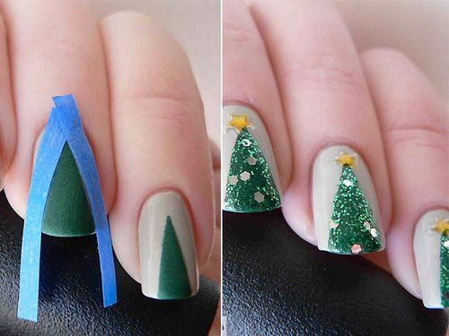 Với nail hình cây thông, bạn hãy sơn lớp lót màu trắng, sau đó dùng bút lông đầu nhỏ chuyên vẽ nail để vẽ hình tam giác xanh lá chính giữa cây thông, phủ thêm một lớp nhũ xanh lấp lánh. Sau đó dùng keo nến đính một viên đá nhỏ lên đỉnh tam giác.
