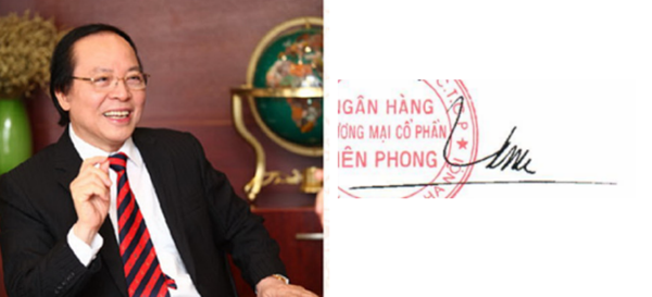 Chữ ký của ông Đỗ Minh Phú - Chủ tịch Doji Group, Tienphong Bank một doanh nghiệp lớn chuyên về kinh doanh vàng bạc đá quý và chủ tịch của Diana Việt Nam. Sau đó, ông Phú đã tham gia vào lĩnh vực ngân hàng với việc mua lại 20% cổ phần của Ngân hàng Tiên Phong. Ảnh: Saoonline.