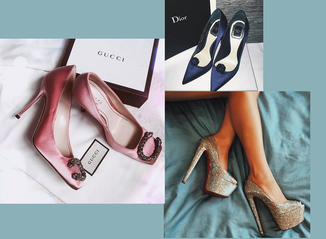 Đã đi giày là phải toàn hàng hiệu như Kiều Anh, từ Christian Louboutin, Gucci đến Dior đắt đỏ đều được cô nàng sở hữu. Thậm chí, cô còn bật mí trên facebook nhiều đôi giày hàng khủng đang về. Ảnh: FBNV.