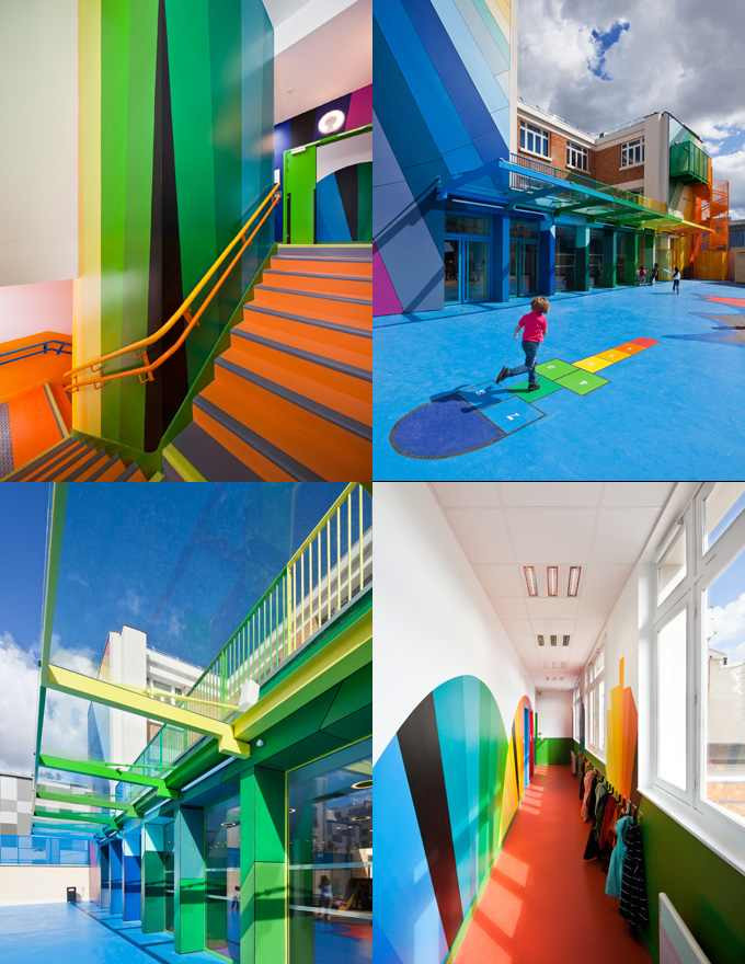 Nhà trẻ cầu vồng École Maternelle Pajol, Paris. Thật ghen tị khi những đứa trẻ có thể học tại một ngôi trường đẹp như thế này. Trẻ sẽ được sống thực sự trong môi trường đủ màu sắc cầu vồng vui nhộn.