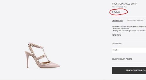 Đôi Rockstud Ankle Strap màu nude tinh tế và có thể phối hợp được với nhiều loại trang phục khác nhau, thiết kế đẹp mắt này được bán với giá 995 USD (khoảng 21,9 triệu đồng). Ảnh chụp màn hình.