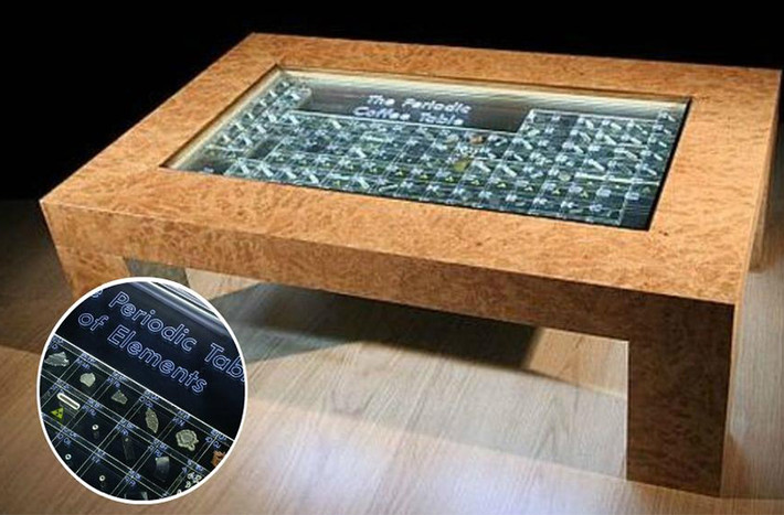 Periodic Coffee Table: Chiếc bàn uống trà, cà phê này có cả một bảng tuần hoàn hiển thị trực quan trên mặt bàn, với từng mẫu nguyên tố được gắn riêng rẽ bên trong một khối acrylic rắn. Các khối này được sắp xếp theo dạng lưới quen thuộc của bảng tuần hoàn, được chiếu sáng đẹp mắt bên dưới một tấm kính cường lực. Giá bán lẻ của sản phẩm là 9.463 USD (~203 triệu đồng).