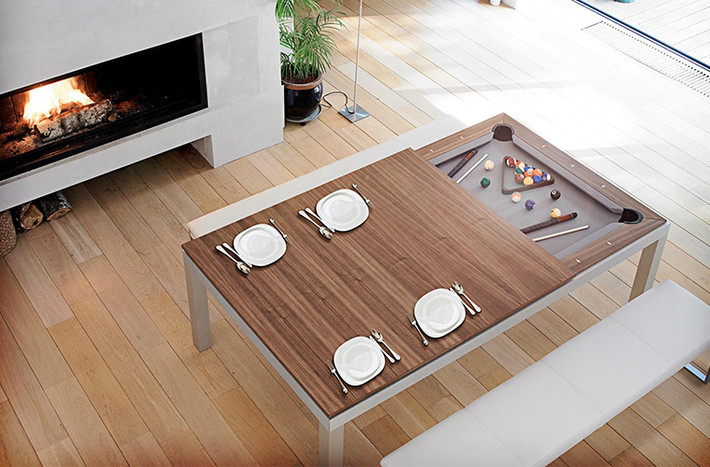 Fusion Pool Table: Chỉ trong vài giây, chiếc bàn Fusion này có thể biến hóa từ một chiếc bàn ăn thành bàn chơi bida chất lượng cao.