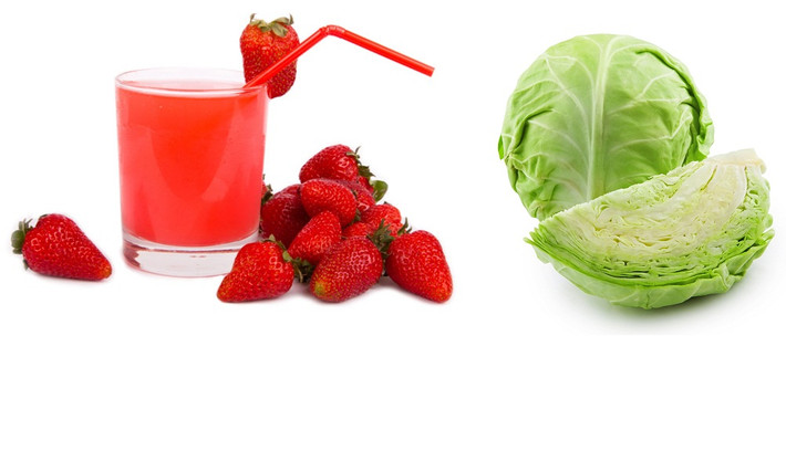 Loại bỏ mụn trứng cá, nốt sần trên da với nước ép bắp cải + dâu tây. Loại sinh tố này là bước đầu tiên bạn nên thực hiện trong thực đơn làm đẹp da với sinh tố. Cách làm: dâu tây, bắp cải rửa sạch, chanh gọt vỏ. Tất cả cho vào máy ép trái cây ép lấy nước rồi trộn với sữa chua.