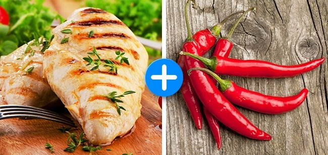 Thịt gà và ớt cayenne. Thịt gà là thực phẩm giàu protein và ít calo. Ớt cayenne là loại ớt của Ấn Độ có tác dụng làm tăng tốc độ đốt cháy chất béo và ức chế sự thèm ăn.
