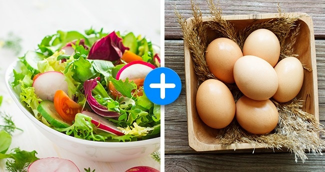 Rau và trứng luộc. Một nghiên cứu đã cho ra kết quả là trứng giúp hấp thu carotenoid (một chất tạo màu của rau). Chất này không chỉ giúp giảm cân mà còn hỗ trợ thị lực và làm cho làn da hồng hào. Vì thế, mỗi khi làm salad, bạn hãy thêm vài lát trứng luộc.