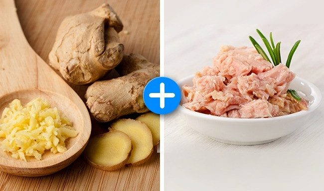 Cá ngừ và gừng. Gừng từ lâu đã được xem như một thảo dược có chức năng làm sạch dạ dày và các khối enzym gây viêm. Cá ngừ lại chứa một loại omega 3 ngăn chặn việc đọng mỡ vùng bụng. Vì thế kết hợp 2 loại này trong bữa ăn là cách giảm cân hiệu quả nhất.