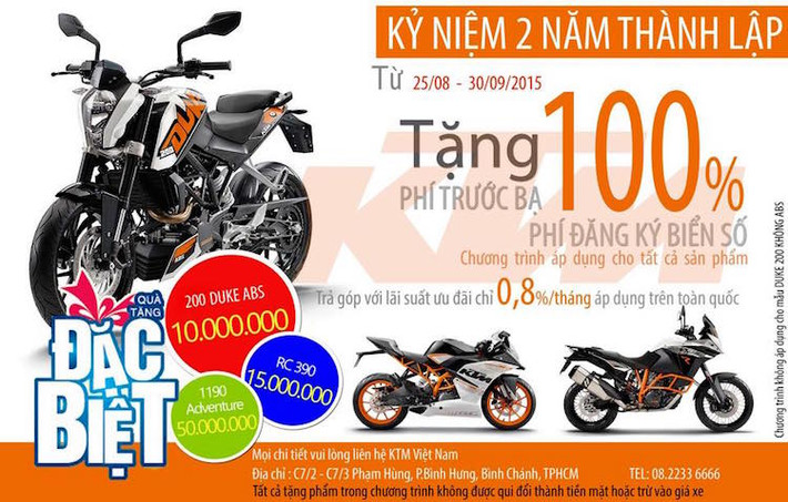 Khách mua xe cũng được hỗ trợ 100% phí trước bạ và phí đăng ký xe với giá bán không đổi, trừ mẫu KTM 200 Duke không ABS.