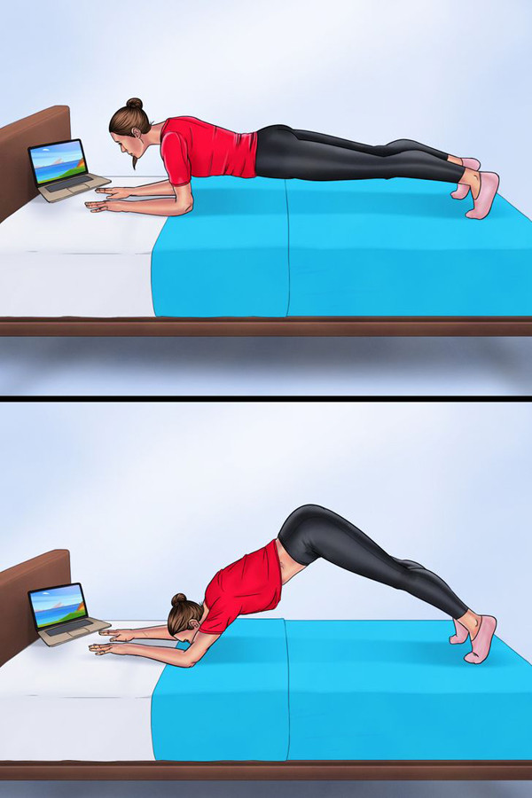 Plank: Đặt tay dưới vai, lòng bàn tay hướng xuống, 2 chân rộng bằng hông sao cho cơ thể tạo thành một đường thẳng. Từ từ nâng trọng tâm cơ thể lên, siết cơ bụng rồi dần trở lại vị trí ban đầu. Khi thực hiện, bạn nên giữ tư thế trong vòng 10 giây rồi lặp lại.