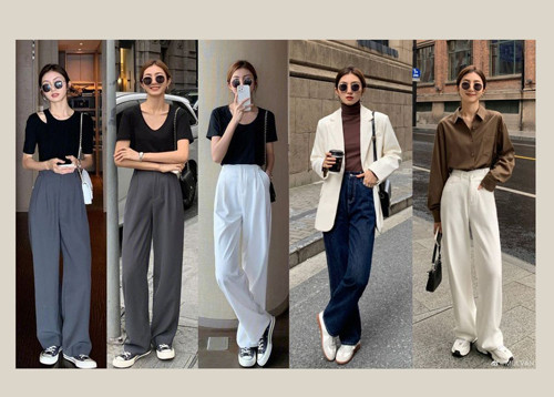 Nếu theo đuổi vẻ đẹp cá tính, chị em có thể kết hợp quần suông với áo phông trắng bó sát, bên ngoài khoác thêm suit dáng ôm cool ngầu mà vẫn thanh lịch.