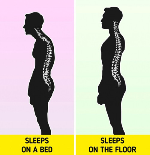 Cải thiện tư thế. Nghiên cứu chỉ ra, mặt phẳng cứng như sàn nhà góp phần giữ cột sống thẳng ngay cả khi ngủ. Trong khi đó, nằm trên nệm mềm khiến cột sống bị cong. Nhờ vậy, ngủ sàn nhà giúp lưng thẳng, cải thiện tư thế đi đứng hơn rất nhiều. Vì lý do này, những người có tư thế xấu, rối loạn cột sống như vẹo cột sống hoặc kyphosis nên tham khảo ý kiến bác sĩ về việc ngủ trên sàn nhà.