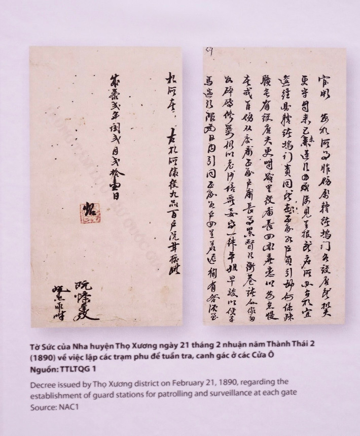 Tờ Sức của Nha huyện Thọ Xương ngày 21 tháng 2 nhuận năm Thành Thái 2 (1890) về việc lập các trạm phu để tuần tra, canh gác ở các Cửa Ô. (nguồn: TTLTQG1)