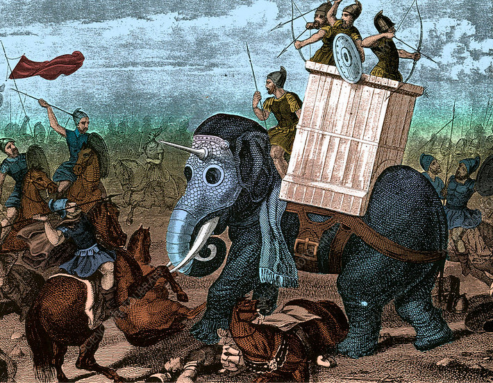 Tuy nhiên, người Megarian đã đi xa hơn một bước. Họ đổ dầu vào những con lợn và đốt chúng, sau đó thả chúng về phía những con voi chiến. Bất chấp sự chỉ dẫn của các vị tướng lĩnh, những con voi chiến hoảng sợ và bỏ chạy khỏi những động vật đang bốc cháy. Ảnh: @Science Photo Library.