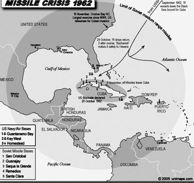 Ông Minchenko chỉ ra rằng sáu tháng trước cuộc khủng hoảng tên lửa Cuba năm 1962, một cuộc trao đổi tương tự đã diễn ra giữa Liên Xô và Mỹ trên cầu Glienicke. Ông nhận định, cuộc trao đổi hiện tại thực chất là một minh chứng cho việc cuộc Chiến tranh Lạnh vẫn đang tiếp diễn. Ảnh: Bản đồ mô tả cuộc khủng hoảng tên lửa Cuba năm 1962.