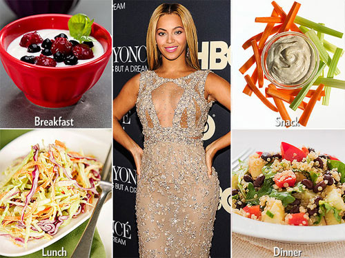 Beyonce đã nhờ các chuyên gia dinh dưỡng thiết kế thực đơn ăn chay trong 22 ngày để giảm cân mỗi khi cô cảm thấy cơ thể có phần nặng nề hơn. Họ cắt bỏ hoàn toàn các sản phẩm từ thịt động vật. Họ chỉ ăn bánh, hoa quả, bắp cải, khoai lang, salad đậu và chút chocolate.