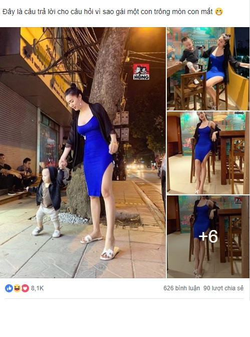 Mới đây, loạt ảnh chụp bà mẹ một con trong bộ váy xanh bó sát, cắt xẻ táo bạo chia sẻ trên một fanpage nổi tiếng đã thu hút số lượng like, share rất lớn. Loạt ảnh được đăng tải với dòng mô tả "Đây là lý do vì sao gái một con trông mòn con mắt", với tâm điểm là người phụ nữ xinh đẹp, gợi cảm xuất hiện cùng cậu con trai trên đường phố.