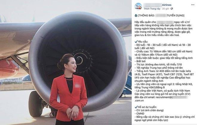 Mới đây, một hãng hàng không đăng tải thông tin tuyển dụng đối với vị trí tiếp viên hàng không trên trang Fanpage chính thức. Hãng hàng không đưa ra các điều kiện ứng tuyển nghiêm ngặt về độ tuổi, chiều cao, khả năng giao tiếp và các chứng chỉ cần thiết.
