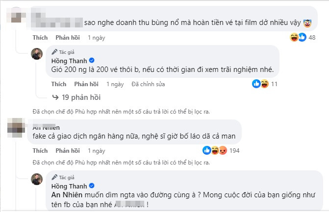 Sau động thái mới nhất, Hồng Thanh nhận được nhiều sự ủng hộ cho hành động "nói là làm" sau sự cố "vạ miệng". Tuy nhiên, khi có ý kiến cho rằng mình làm giả giao dịch ngân hàng, anh thẳng thắng đáp trả: "Muốn dìm người ta vào đường cùng à? Mong cuộc đời bạn giống như tên Facebook của bạn nhé!".