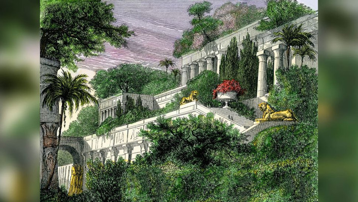 Vườn treo Babylon, Irag, vua Babylon Nebuchadnezzar II đã xây dựng một cung điện khổng lồ gồm những thác nước và rất nhiều cây cối cho vợ của ông, một người phụ nữ nhớ quê hương Ba Tư. Tuy nhiên, các nhà khảo cổ vẫn tranh luận về việc liệu khu vườn có thực sự tồn tại hay không? Nguồn: North Wind Picture Archives/Alamy)