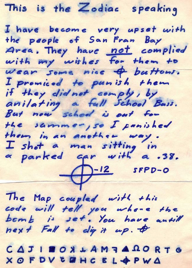 Các bức thư Zodiac là một chuỗi bốn thông điệp được mã hóa được cho là do Zodiac Killer viết, một kẻ giết người hàng loạt. Một trong 4 bức thư đã được giả mã, danh tính của Zodiac Killer vẫn còn là bí ẩn. Nguồn: WikiSource.