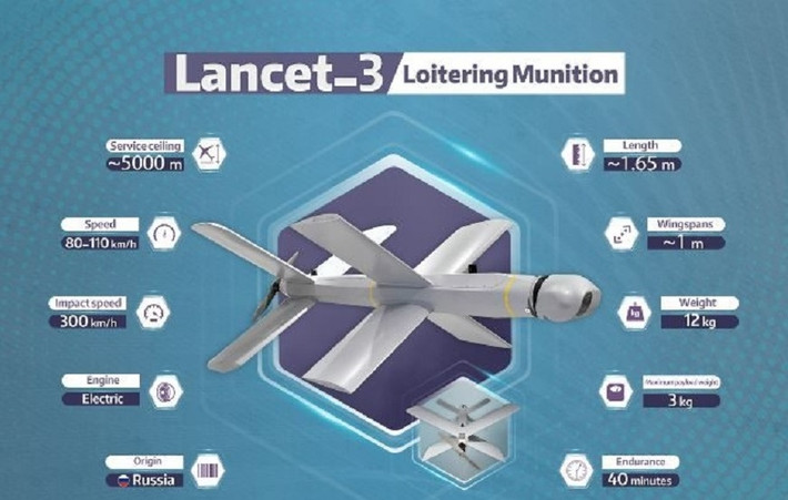 Tính năng kỹ chiến thuật chính của UAV Lancet-3; tốc độ hành trình: 130 km/h, tốc độ tối đa khi tấn công mục tiêu: 300 km/h; thời gian hoạt động trên không 30 phút và tầm hoạt động lên tới 40 km; sải cánh dài 1,8 mét và nặng khoảng 12 kg. Lancet có thể phóng bằng bệ phóng tay hoặc lắp trên xe cơ giới.