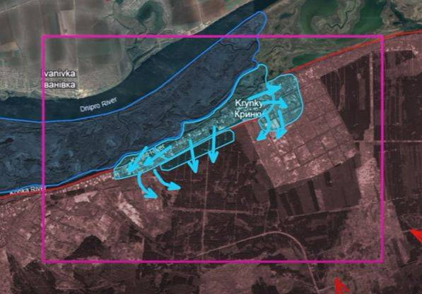 Tuy nhiên, truyền thông Ukraine và phương Tây cho rằng, trên hướng Kherson, thủy quân lục chiến Ukraine tiếp tục giữ phần trung tâm của làng Krynki và phía Ukraine liên tục đưa lực lượng mới sang phía bờ nam. Hiện quân Ukraine ở đây đã chiếm được các vị trí ven rừng phía nam ngôi làng.