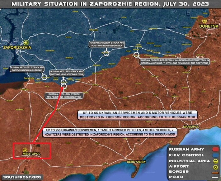 Làng Rabotino nằm cách mục tiêu chính của quân đội Ukraine 100 km về phía đông nam trên biển Azov, đó chính là thành phố Melitopol. Nhiệm vụ chính của đợt phản công là cắt đứt mối liên kết giữa mặt trận phía nam và phía đông của quân đội Nga; giữa lãnh thổ Nga và bán đảo Crimea.