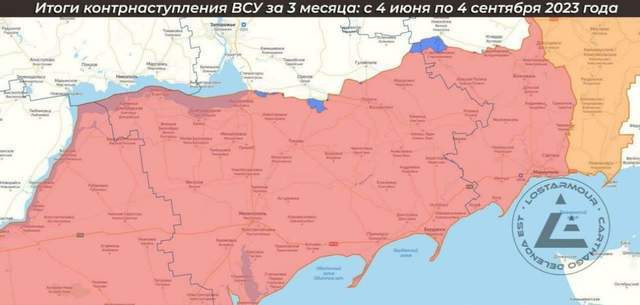 Tuy nhiên, NATO vẫn coi thường kết quả “cuộc tấn công theo nhóm nhỏ” của quân đội Ukraine; đặc biệt khi Mỹ luôn phàn nàn rằng tốc độ tấn công của quân đội Ukraine quá chậm và khẩn trương yêu cầu quân đội Ukraine phải dồn lực tiến nhanh hơn nữa (bản đồ vùng màu xanh là kết quả cuộc phản công kéo dài 3 tháng của quân đội Ukraine, còn vùng màu đỏ là khu vực do quân đội Nga kiểm soát).