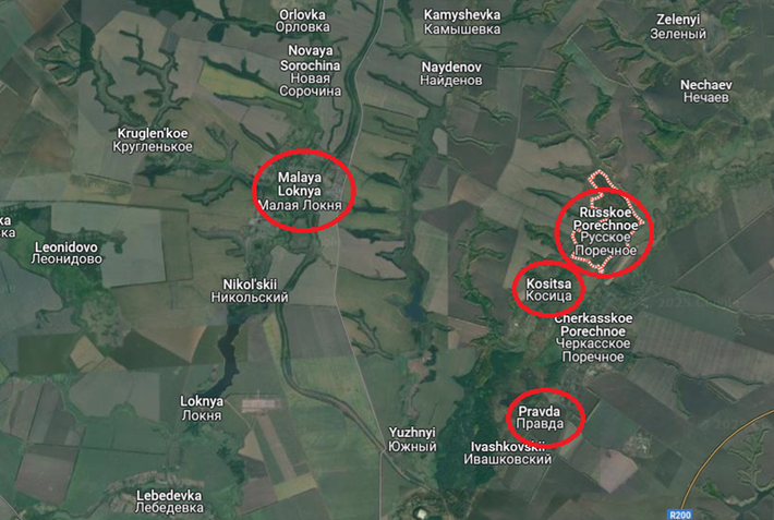 Lực lượng Ukraine người thì tháo chạy, người thì đầu hàng, tạo điều kiện cho quân Nga tận dụng thời cơ, tiến về phía nam dọc theo đường cao tốc thêm 6 km. Đồng thời, quân Nga cũng mở rộng cuộc tấn công sang hướng đông và hợp nhất với lực lượng tại Russkoe Porechnoe. Trước đó, họ đã lần lượt chiếm được Kositsa và trang trại Pravda. Ảnh: Google Maps