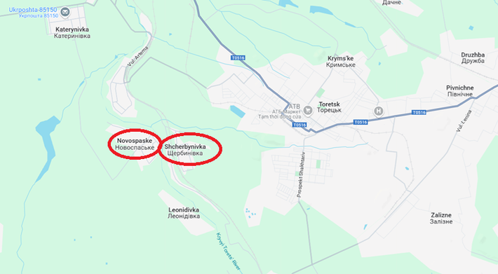 Ở phía tây nam, quân Nga đã tiến xa dọc theo sông Kryvyi Torets năng nhằm chia cắt Shcherbynivka và Novospaske, sau đó tiêu diệt từng khu vực một. Hai ngôi làng này, đặc biệt là Shcherbynivka, đóng vai trò là lá chắn phía tây Toretsk. Nếu Nga chiếm được khu vực này, cuộc phản công của Ukraine ở phía tây sẽ thất bại, thậm chí có nguy cơ bị bao vây. Ảnh: Google Maps