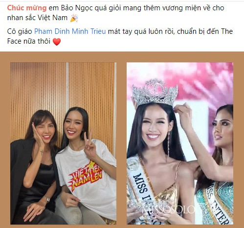 Hay tin Bảo Ngọc giành vương miện Hoa hậu Liên lục địa 2022, siêu mẫu Minh Triệu không giấu nổi niềm tự hào và xúc động trước thành tích của cô học trò. Bạn bè và đồng nghiệp cũng gửi lời chúc mừng tới hai cô trò. Ảnh: FBNV, Missosology.