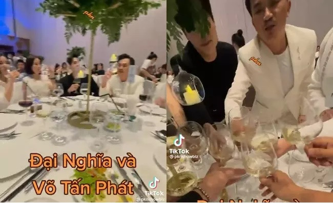Mới đây, trên TikTok còn lan truyền đoạn clip ghi lại khung cảnh dàn sao Việt nâng ly chúc mừng tại đám cưới Liêu Hà Trinh. Cặp sao nam tiếp tục gây chú ý khi ngồi sát nhau và vui vẻ nâng ly cùng đồng nghiệp. Ảnh: TikTok.
