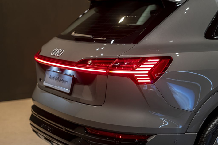 Mẫu SUV này được trang bị đèn chiếu sáng LED matrix kết hợp dải đèn LED định vị ban ngày nằm ngang và vuốt về sau, cùng với 4 sọc ngang nhỏ gọn bên trong cụm đèn. Ở phía sau, Audi Q8 e-tron có cụm đèn LED hậu đặt ngang, nối với nhau bằng một dải LED kéo dài vòng qua cửa cốp.