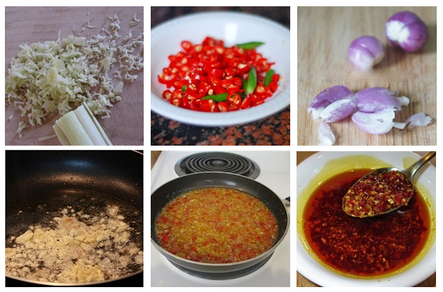 Sa tế tỏi ớt. Nguyên liệu gồm: Sả 2 cây, tỏi băm 1 muỗng cà phê, hành tím 1 củ, muối 1 muỗng cà phê, ớt 3 trái, dầu ăn 2 muỗng canh, ớt bột 1 muỗng cà phê, dầu điều 2 muỗng canh. Ảnh: cooky.vn.