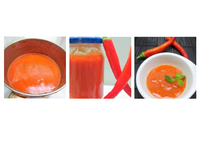 Khi hỗn hợp vừa sôi, cho tỏi băm, đường trắng, muối, bột năng vào, khuấy đều, nấu thêm 5 phút. Cho tương ớt vào hũ thủy tinh, đậy kín nắp. Ảnh: cooky.vn.