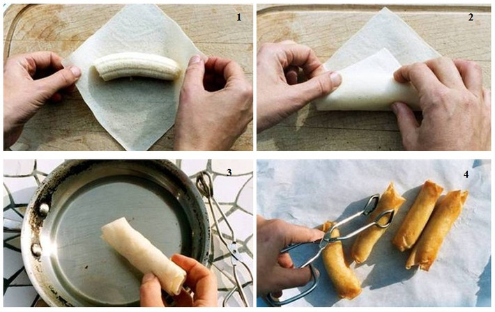“Nem” chuối chiên. Chỉ với bánh tráng (bánh đa nem hoặc bánh vỏ há cảo) cuốn xung quanh quả chuối rồi chiên vàng, bạn đã có ngay một món ngon từ chuối chín giòn tan, thơm lừng. Ảnh: thaifood.about.com.