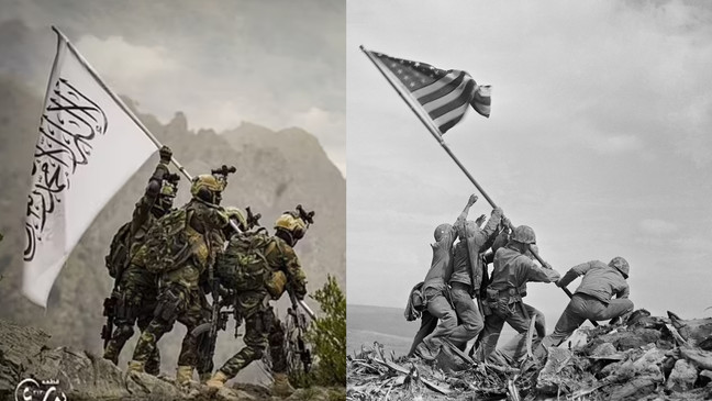 Tuần này, Lực lượng Đặc nhiệm Taliban Afghanistan đã công bố một loạt ảnh, một trong số đó dường như cố ý khôi phục lại cảnh cắm cờ chiến thắng của Quân đội Mỹ trong trận Iwo Jima ở Thế chiến thứ hai, với Quân đội phát xít Nhật Bản.