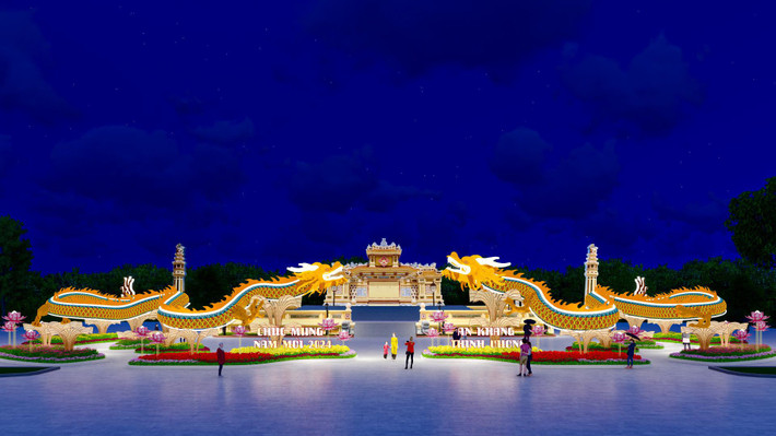 Đây là phối cảnh linh vật rồng chào xuân Giáp Thìn 2024 sắp ra mắt ở Thành phố Huế. Theo thông tin từ UBND TP. Huế, linh vật rồng sẽ được chọn đặt tại Bia Quốc học là rồng triều Nguyễn với thiết kế là sự tổng hòa của hình tượng rồng lớn vĩ đại kết hợp với hình trăm hoa đua nở. Dáng hình rồng biểu tượng cho một trang nhật ký nối dài câu chuyện thời sự và con người của vùng đất Cố đô.