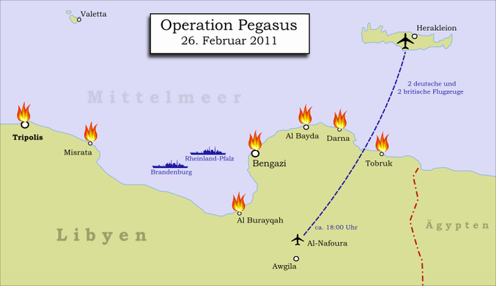 Vì còn những công dân Đức khác (khoảng 100 người) ở Libya, các lực lượng sơ tán đã được tổ chức sẵn sàng cho các nhiệm vụ tiếp theo. Các lực lượng vũ trang Anh đã đưa thêm 150 công dân vào ngày 28/2. Vào ngày 5/3/2011, các lực lượng Đức được triển khai trở lại với sáu máy bay Transall.