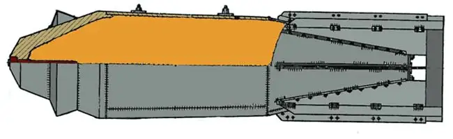 FAB-9000 mẫu 1954 là loại bom hủy diệt mạnh mẽ, được thiết kế để xóa sổ các mục tiêu cả trên đất liền và trên biển. Với sức công phá khổng lồ, nó được sử dụng để tấn công các khu vực tập trung đông đảo nhân lực và trang thiết bị của đối phương, phá hủy công sự dã chiến, cơ sở công nghiệp và nhiều mục tiêu quan trọng khác. FAB-9000 có vỏ thép với phần đầu được gia cố và thành mỏng. Ảnh: Cấu tạo siêu bom hạng nặng FAB-9000.