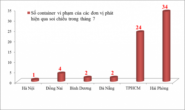 Trong tháng 7/2021, qua công tác soi chiếu, toàn ngành Hải quan phát hiện 789 container nghi vấn, trong đó có 67 container chứa hàng vi phạm (chiếm 8,49% tổng container nghi vấn).