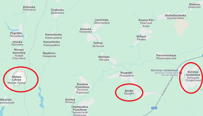 Tuy nhiên, quân đội Ukraine vẫn đang tái tổ chức lực lượng. Rõ ràng, họ có ý định phát động một đợt tấn công lớn tại một số khu vực ở đây, có thể là theo hướng Berdin và Bolshoye Soldatskoye, hoặc cũng có thể là gần Malaya Loknya. Ảnh: Google Maps
