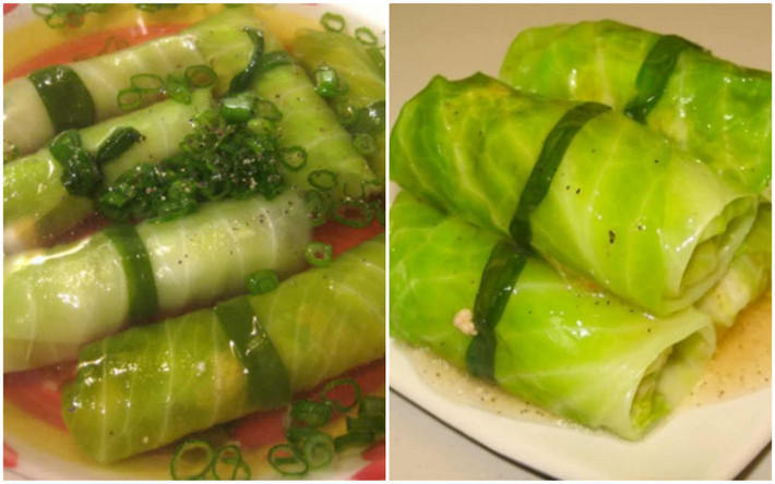 Bắp cải rửa sạch, cắt lá bắp cải làm đôi, bỏ cọng cứng. Đem bắp cải và hành lá chần sơ qua nước sôi cho mềm. Xếp lá bắp cải ra đĩa, dùng thìa múc ít thịt xay cho vào giữa lá, gói lại, buộc cố định bằng cọng hành. Ảnh: congthucmonngon.vn.