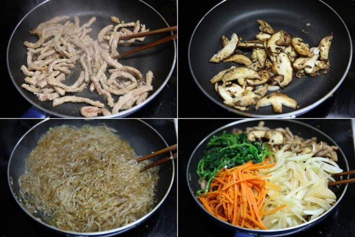 Nấm kim châm, nấm đông cô rửa sạch, cắt bỏ gốc. Hành lá, cải bó xôi rửa sạch, cắt khúc. Hành tây, cà rốt cắt sợi dài. Làm nóng 2 muỗng canh dầu mè, cho cà rốt, hành tây, cải bó xôi, hành lá, tỏi băm, nấm đông cô, thịt bò cắt mỏng vào, đảo đều 2 phút.