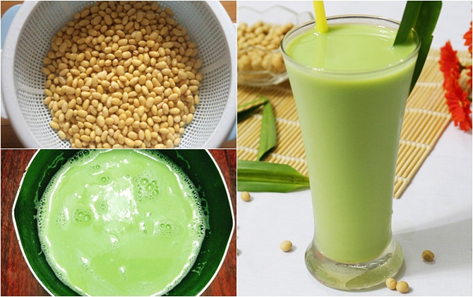 4. Sữa đậu nành lá dứa. Nguyên liệu: Hạt đậu nành, lá dứa. Đậu nành ngâm qua đêm. Lá dứa rửa sạch. Thái và xay với 1,5 lít nước, lọc bỏ bã, dùng nước lá xay hạt đậu nành. Ảnh: emdep.vn.