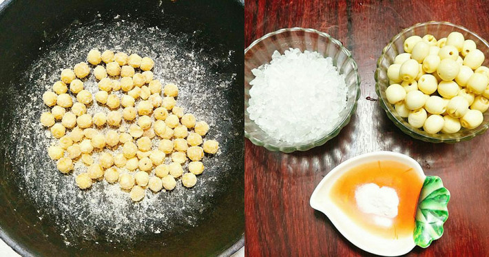 Bắt chảo lên bếp, đun nhỏ lửa rồi xếp hạt sen vòng quanh chảo còn ở giữa là lớp đường sôi. Dùng muỗng múc nước đường rưới lên hạt sen cho đến khi các tinh thể đường khô bám trắng quanh hạt sen và hạt sen khô rời nhau thì tắt bếp. Ảnh: Vietgiaitri.com.